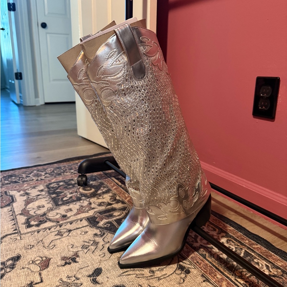 Fashion Nova Bella Embellished Cowboy Boots - Silver